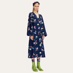 Stine Goya Rosen Floral A-Line Midi Dress in Navy Multi